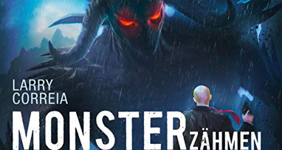 Cover des Hörbuchs Monsterzähmen leicht gemacht ein Dämon mit feurigen Augen schaut auf eine Mann im Anzug herraub